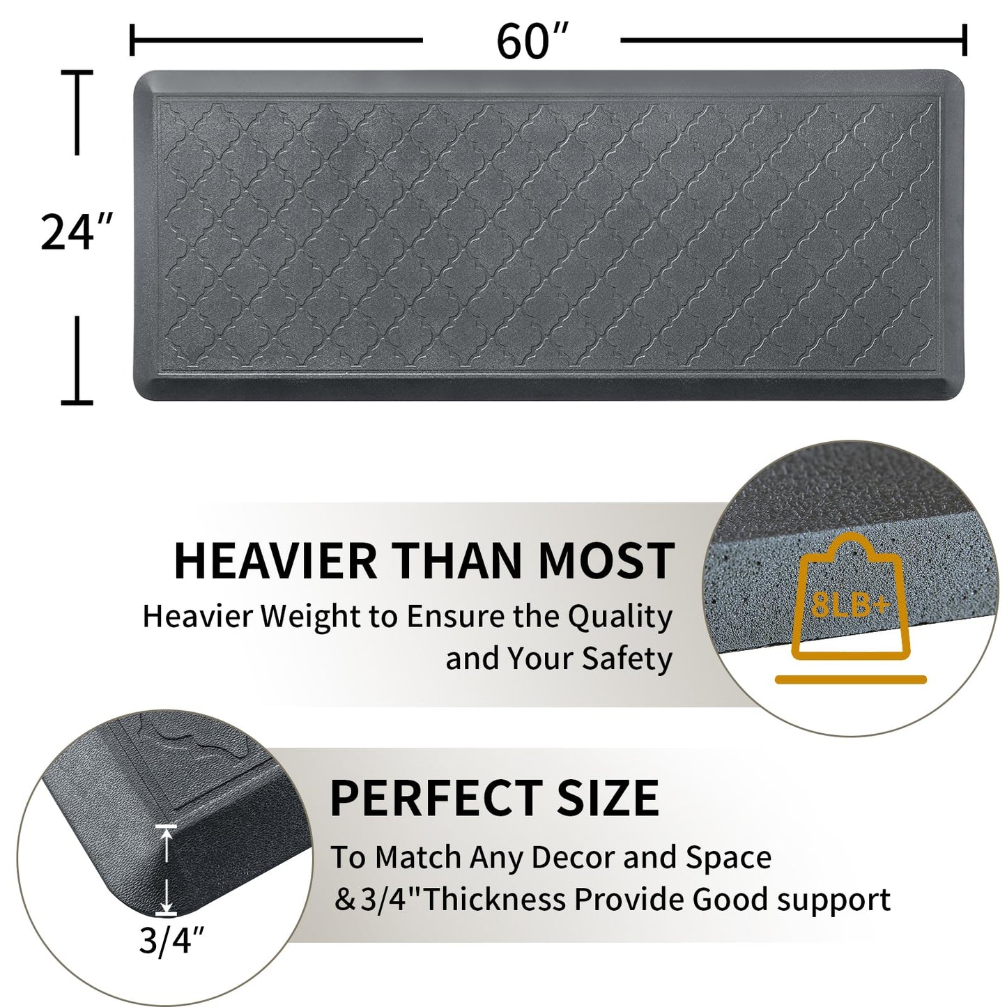 24 x 60 Inch Extra Support Anti Fatigue Comfort Kitchen Mat, Waterproof Long Kitchen Runner, Non-Slip Standing Desk Mat, Commercial Pads for Offices, Home, Garages (Barcelona Grey, 24'' x 60'')