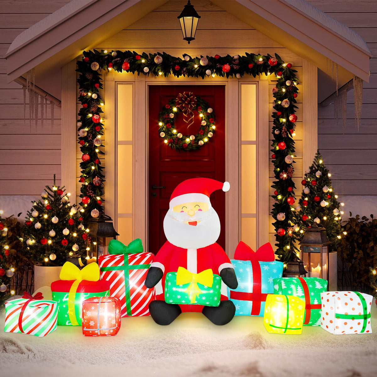 10 Ft Long Christmas Inflatable Santa Claus Giant Gift Boxes with LED Lights Santa Claus Gift Inflatable Decoration Built in Automatic Blowers for Xmas Outdoor Indoor Yard Garden