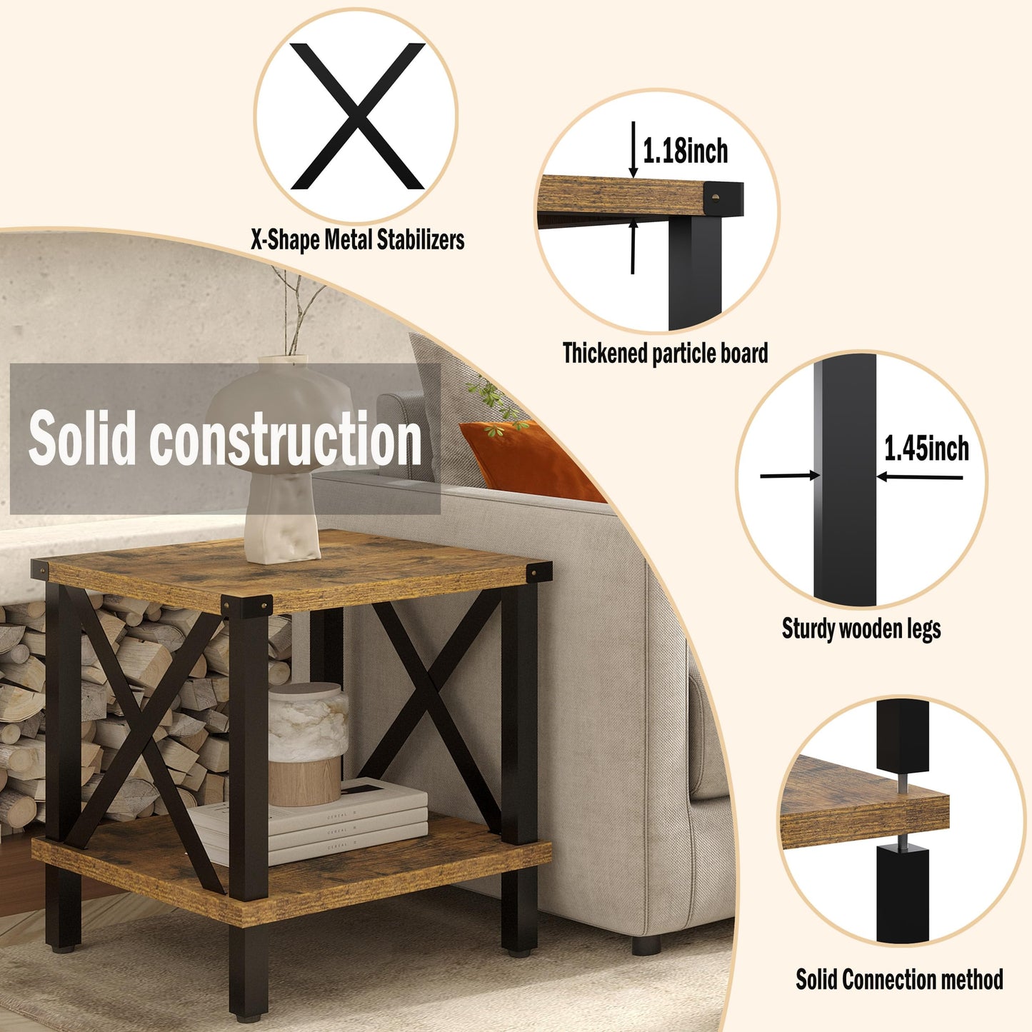MMEOLUOOK Large End Table Farmhouse Side Table Industrial Style Sofa Table Coffee Table Metal X Accent Wood End Table NightStand with Storage Shelf for Living Room Bedroom MLBZ16R