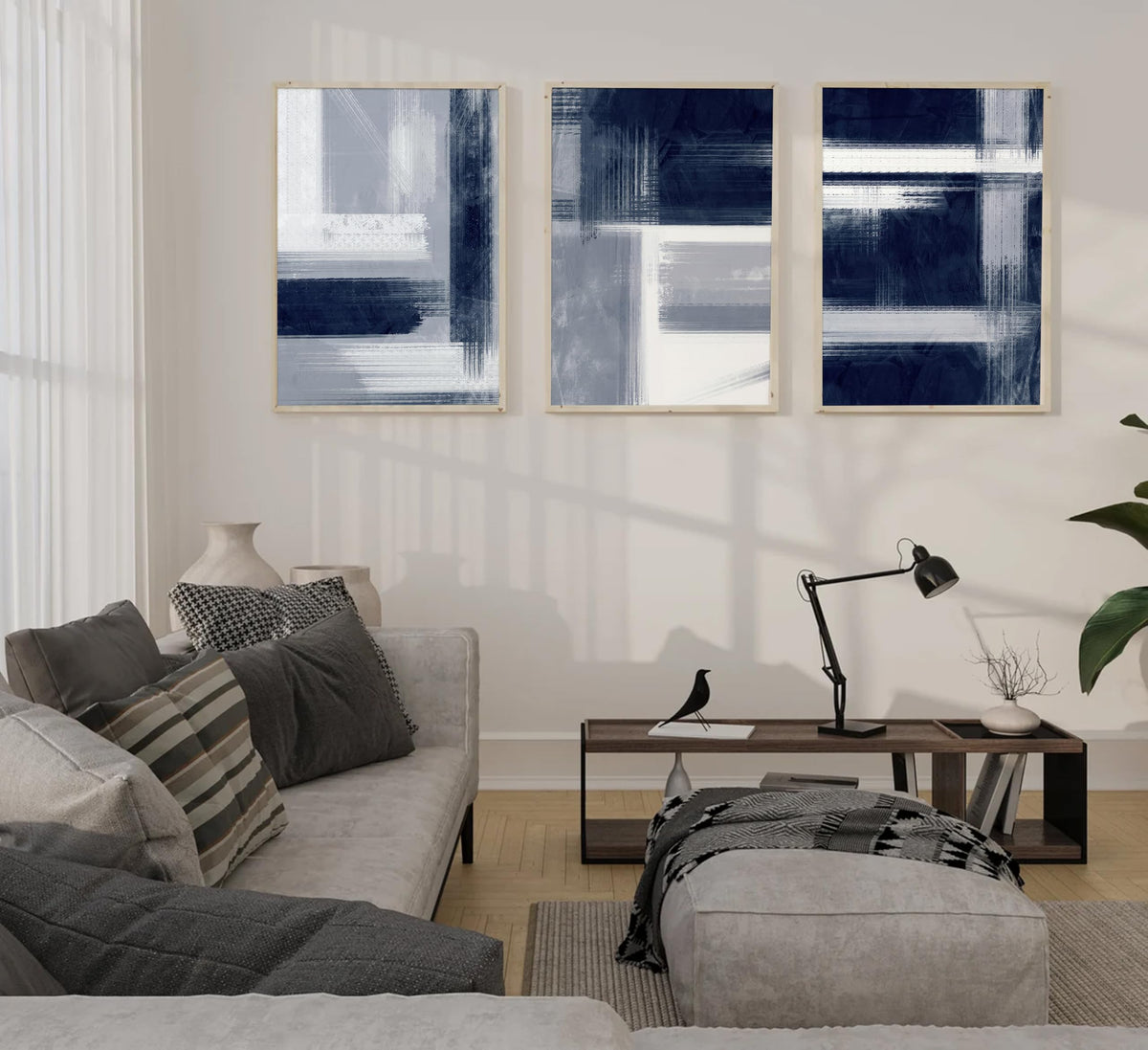 Wavkkey 3Pcs Navy Blue Abstract Wall Art Blue Grey Neutral Modern Geometric Abstract Painting Poster Wall Decor Canvas Print Artwork for Living Room Bedroom Office Home Decoration Unframed