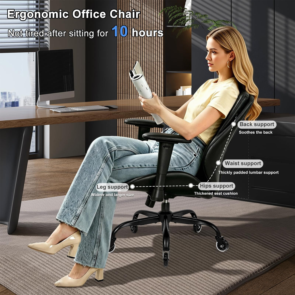 BEWISHOME Office Chair with Rubber Wheels, Big and Tall Office Chair, Ergonomic Office Chairs, Executive Desk Chair, Black PU Leather Computer Comfy Chairs with Lumbar Support, Adjustable Armrests