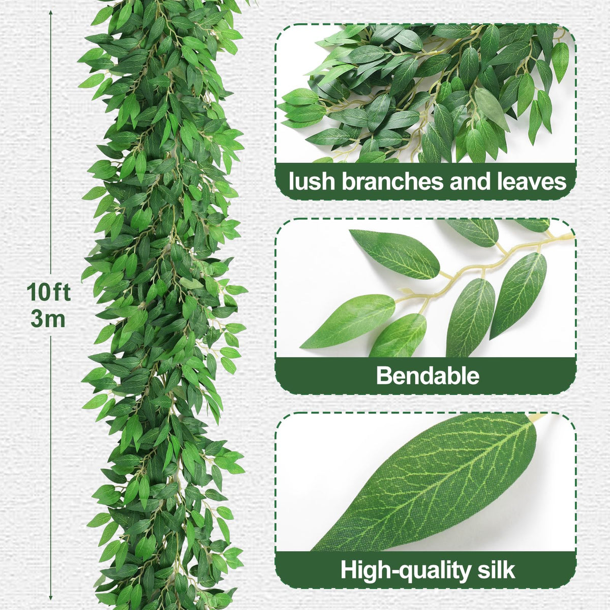 Suncalla 2 Pcs 10 Feet Artificial Vines Garland Faux Italian Ruscus Vine Twigs Silk Green Leaves Greenery Garland for Wedding Table Centerpieces Arch Decor Party Room Home Garden Office Wall Decor