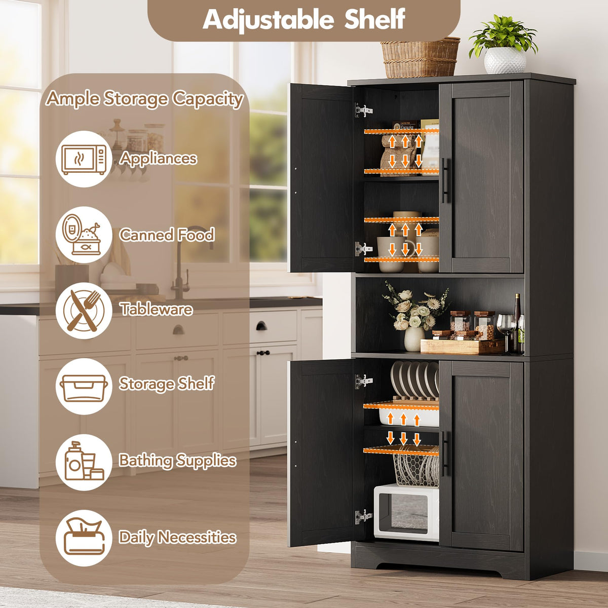 GarveeHome 70in Tall Kitchen Pantry Cabinet, Storage Cabinet with Doors and Adjustable Shelves, Freestanding Cupboard for Living Room, Dining Room, Bathroom, Black