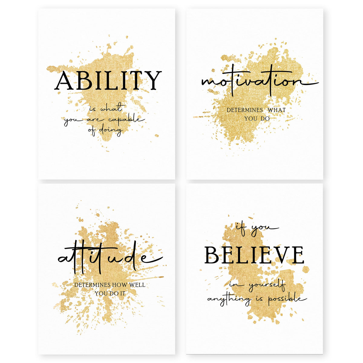 HRQKO Office Gold Inspirational Wall Art Poster Prints Set of 4, Motivational Wall Art, Modern Gold Artwork Prints Posters Wall Decor, Affirmations Prints for Office Women Men 8”x10” Unframed