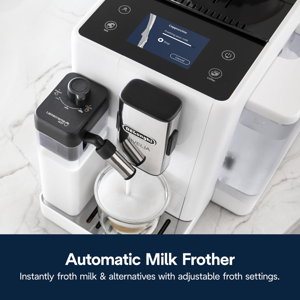 De'Longhi Rivelia Automatic Espresso Machine with Grinder & Milk Frother – All-in-One Coffee Maker, Hot & Iced Latte, Cappuccino, Bean Switch System, Burr Grinder, Compact Italian Design, White