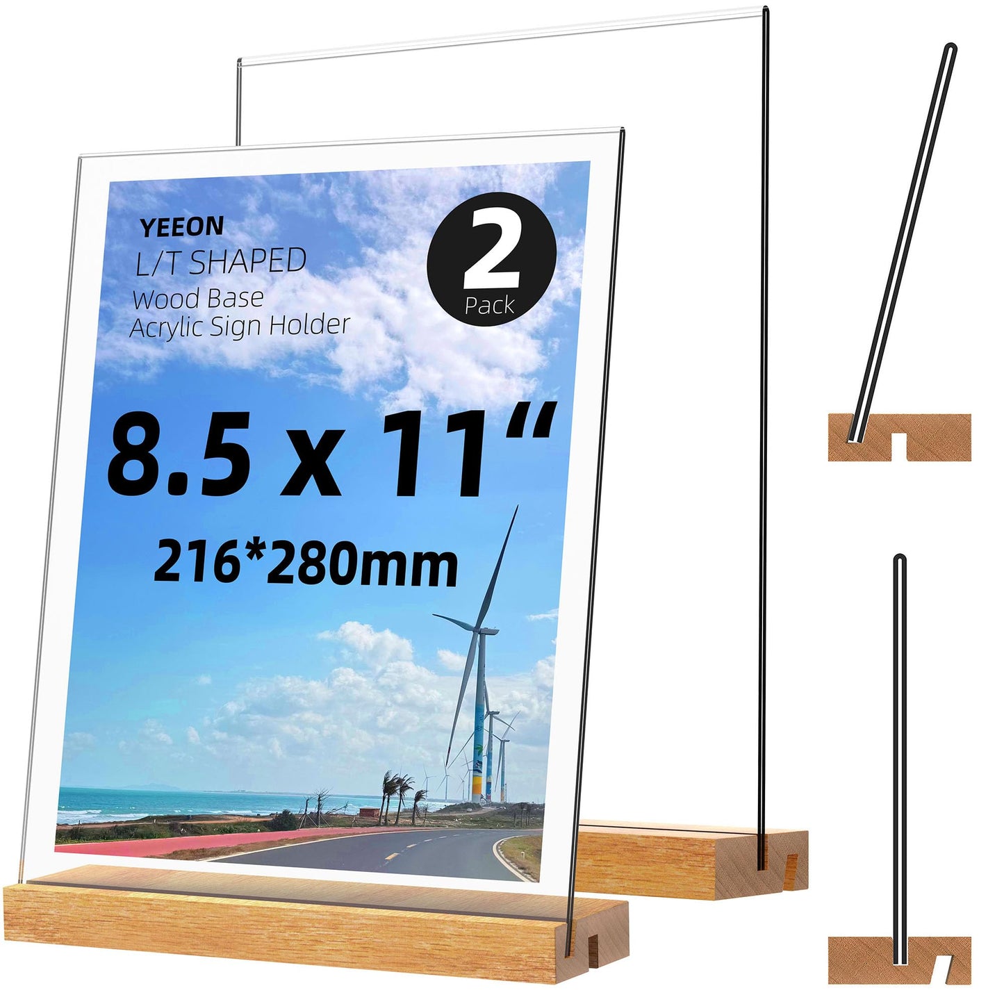 YEEON 8.5x11 Inch Acrylic Sign Holder with Wooden Base, Desktop Display Stand (8.5x11 2Pack)