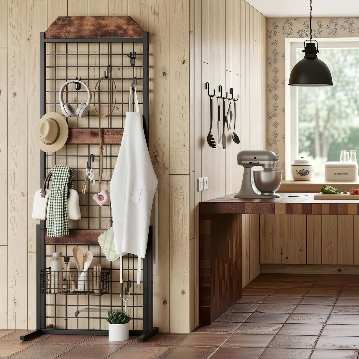 HOOBRO Gridwall Panel units 5.6' x 1.7' Ft Grid Display Rack, Gridwall Panel Display Stands with 5 Garment Hooks & 5 S-Hooks, Wire Grid Display Rack, for Retail Show, Rustic Brown and Black BF45DC01