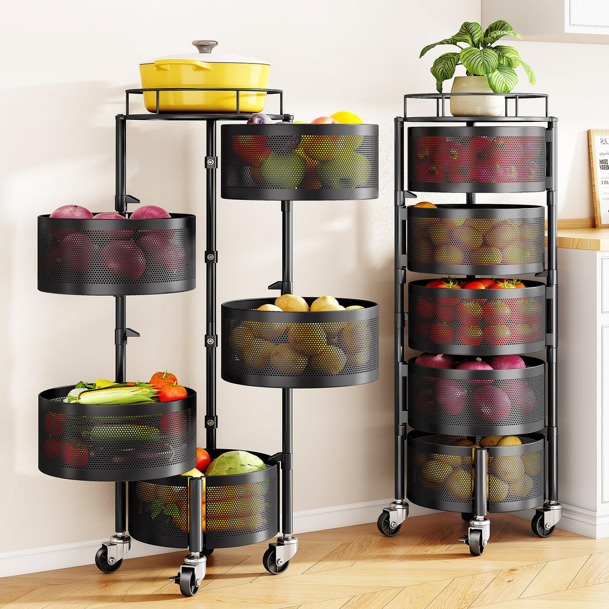 SNTD Fruit and Vegetable Basket Bowls for Kitchen with Metal Top Lid, 5 Tier Rotating Storage Rack Cart for Potato Onion Bread Banana, Wire Basket Organizer on Wheels, Large, Black