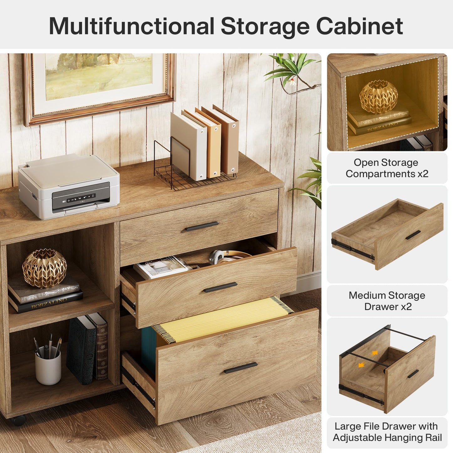 Tribesigns 63" L Shaped Desk with Storage, Executive Office Desk with Rolling File Cabinet Combo, Large Computer Table with Drawers and Shelves, Business Furniture Set for Home Office, Brown