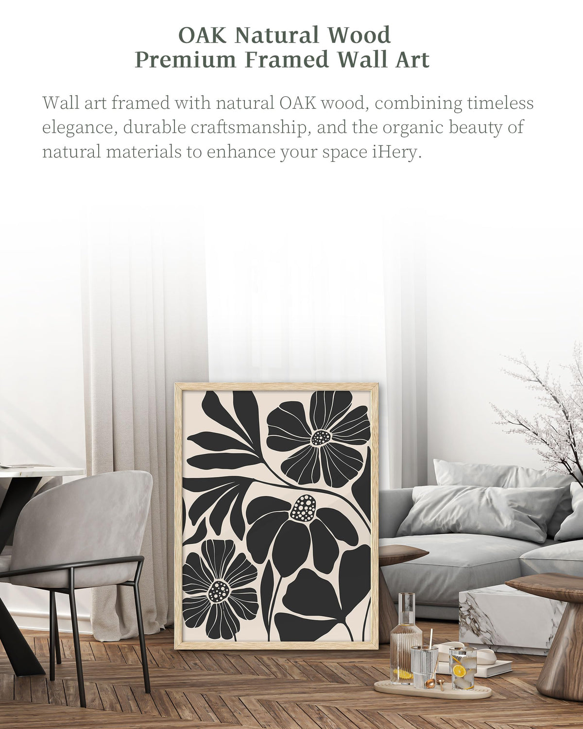 iHery Natural OAK Wood Abstract Botanical Framed Wall Art, 12x16 in Beige Black Flower Canvas Wall Art Modern Mid Century Botanical Neutral Wall Decor Set of 1 For Bedroom Living Room