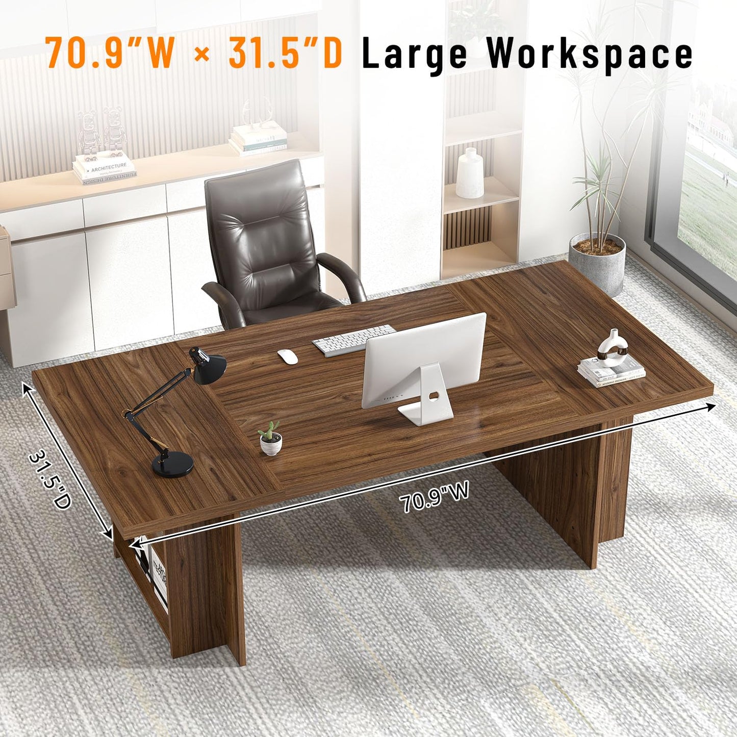 FOLUBAN 70 Inch Executive Desk, Large Computer Desk for Home Office, Long Study Writing Gaming Table for 2 Person, Modern Wood Conference Table Workstation, Rustic Walnut