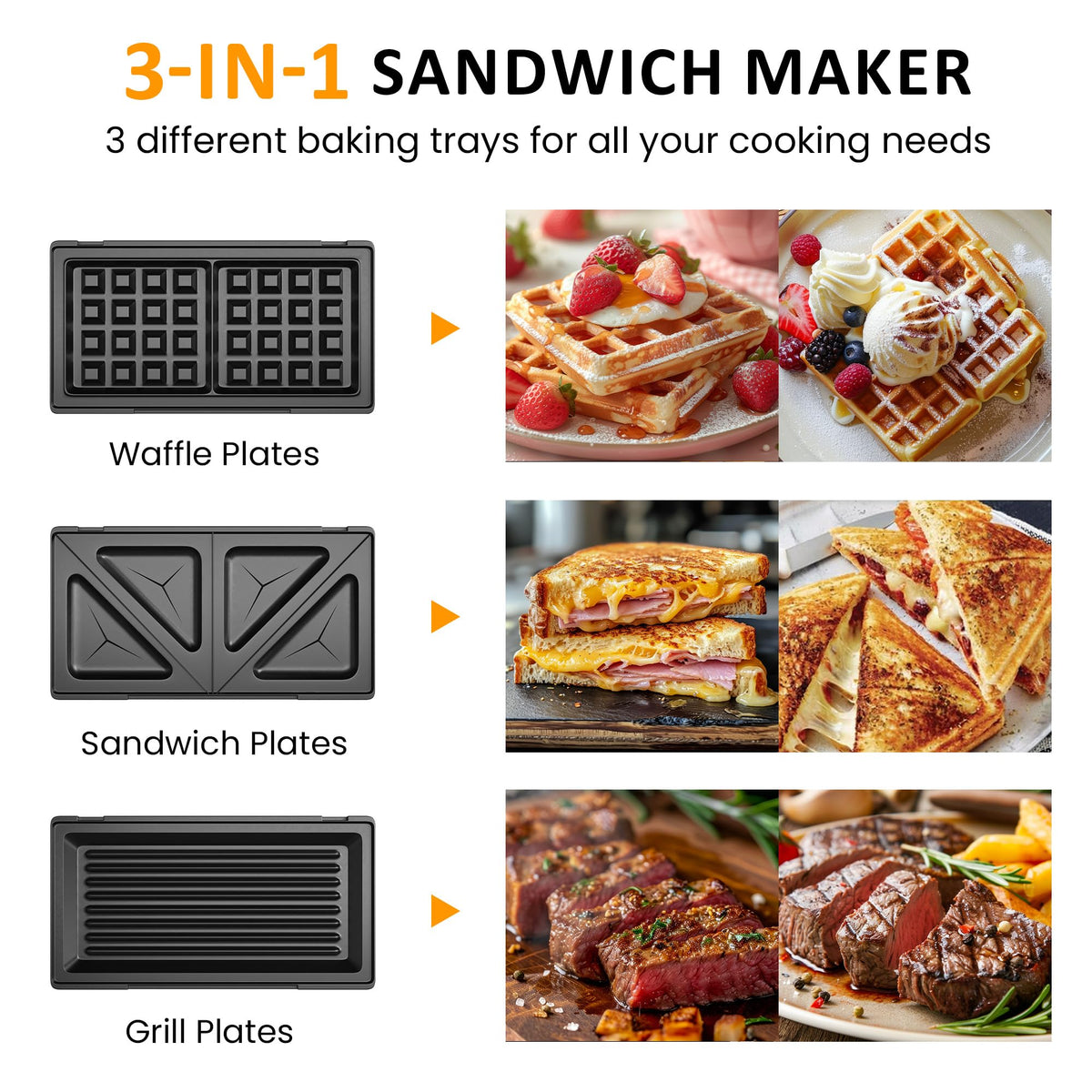 Sunvivi Sandwich Maker Panini Press: Waffle Maker with Removable Plates, 3 in 1 Sandwich Maker Press with Non-Stick Plates, Indicator Lights & Cool Touch Handle, 750W, Black