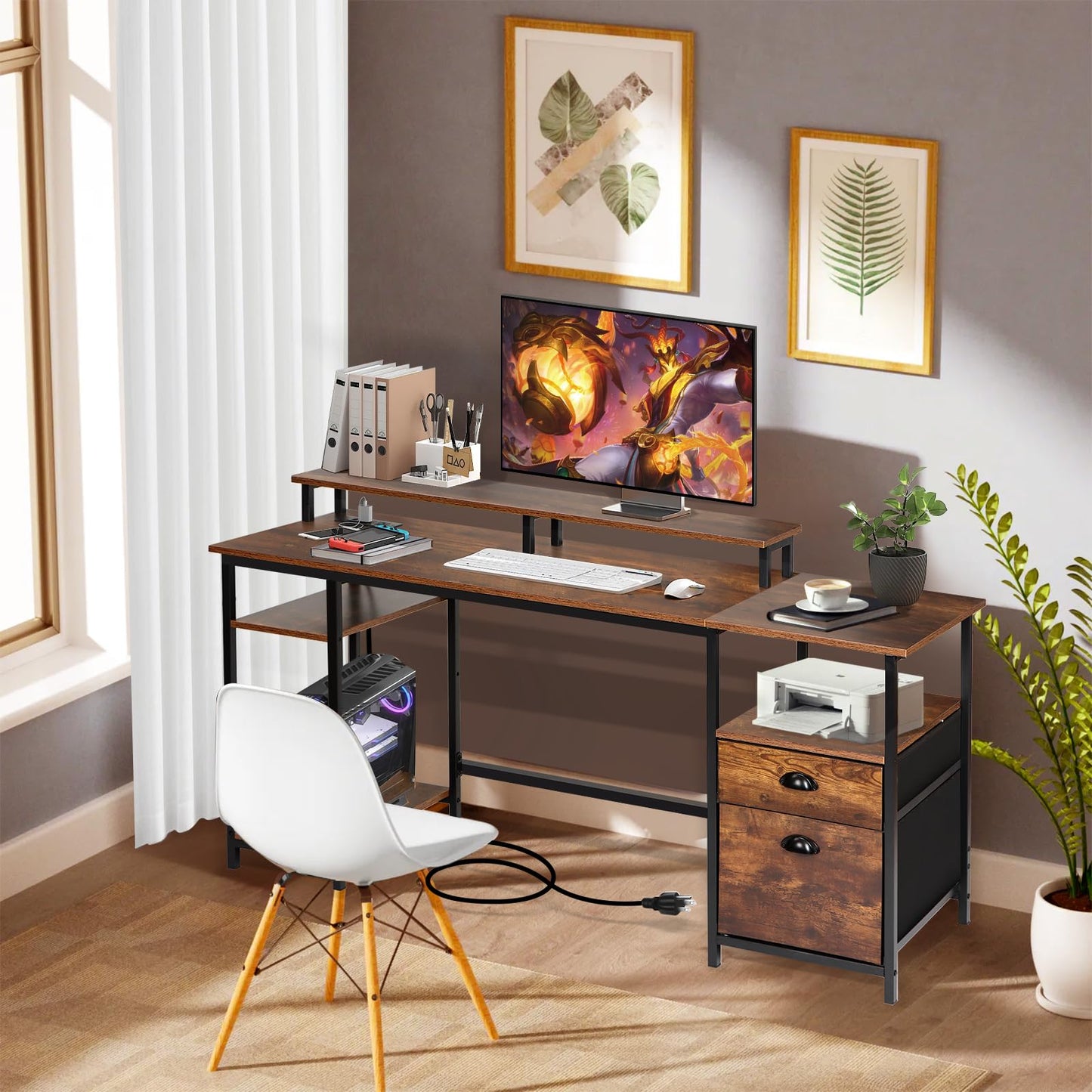Panana 61.4" Computer Desk with Power Outlet and LED Lights, Desk with 2 Fabric File Cabinet Drawer, Large Reversible Gaming Desk with Shelves and Monitor Stand, Writing Study Desk for Home Office