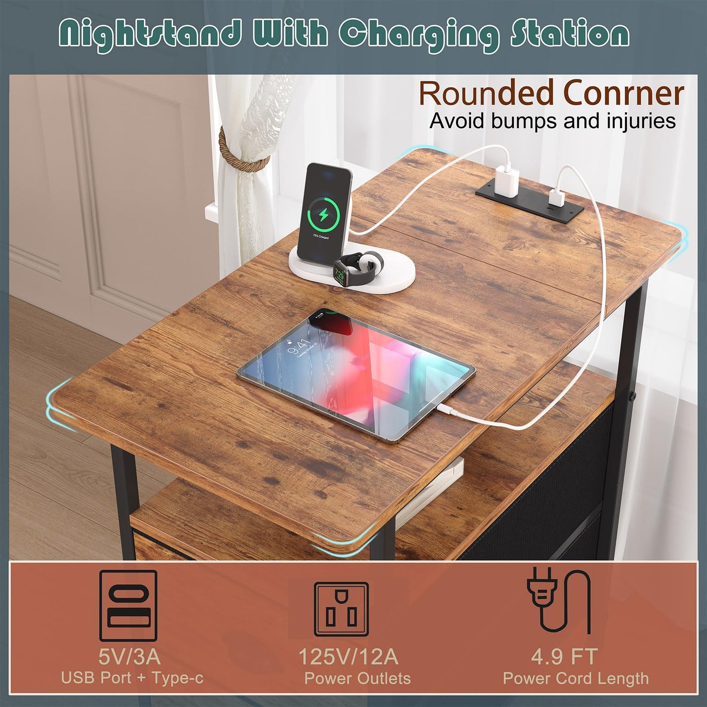 sthmec End Table with Charging Station, Narrow Side Table with 2 Drawers, Nightstands with Drawers, USB Ports & Power Oulets,Slim Sofa Side Tables for Small Spaces,Livin Room,Bedroom,Rustics Brown
