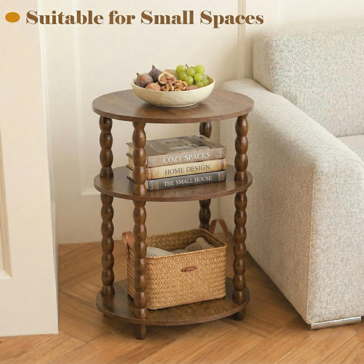 3-Tier Oval Side Table with Solid Wood Legs, Small End Table with Storage Shelves for Living Room Bedroom, Modern Night Stand Accent Table for Small Spaces, Easy Assembly