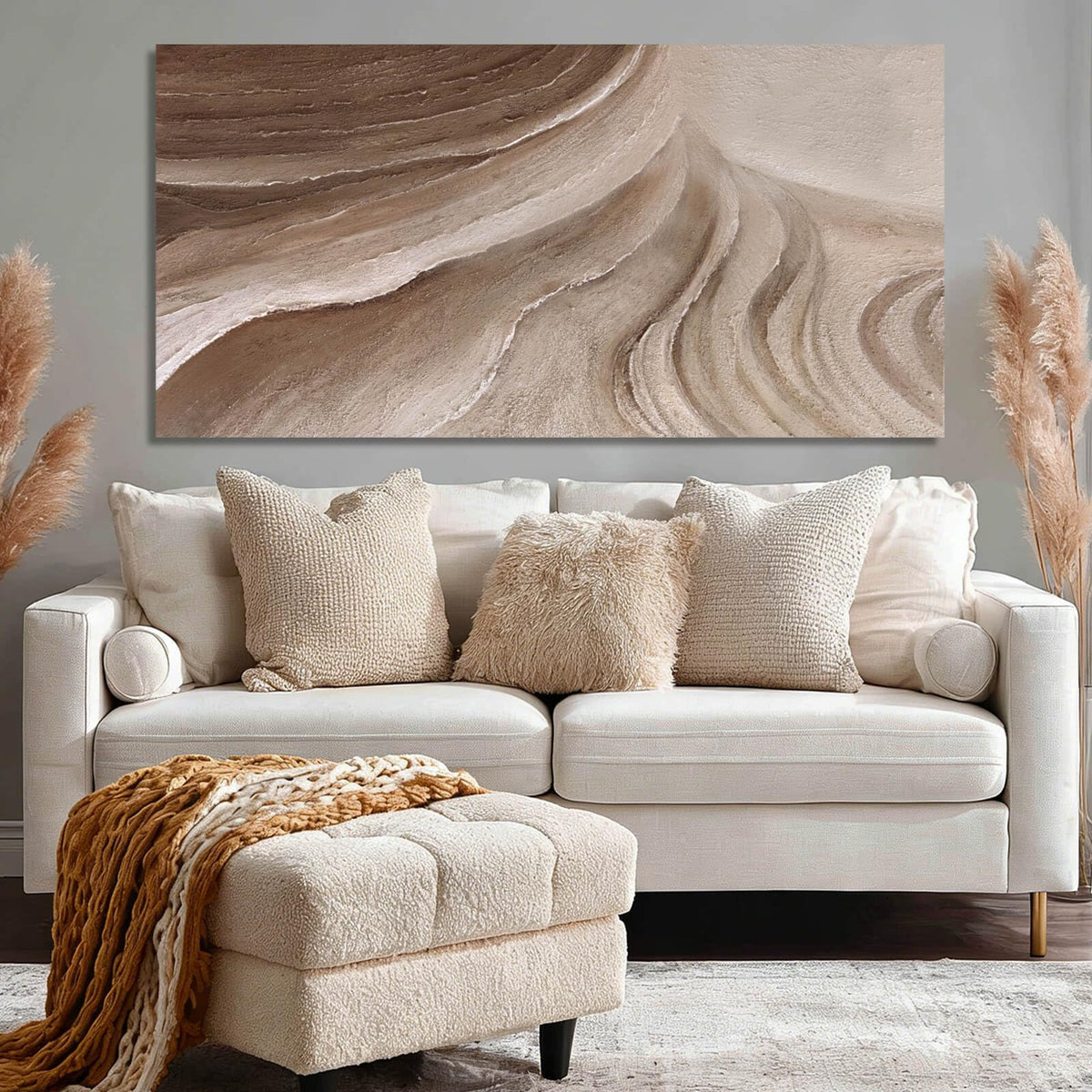 MLART99 Modern Abstract Beige and Brown Canvas Wall Art Textured Minimalist Line Painting Wave-Inspired Artwork for Living Room Bedroom Office Home Decor 24x48 Inch