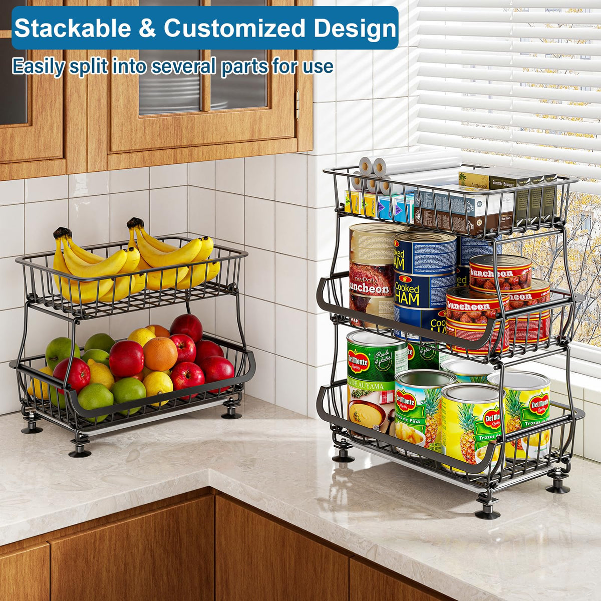 OKZEST 3-Tier Rolling Pantry Floor Organizer and Storage Cart with Wheels, Stackable Wire Pantry Baskets for Pantry Shelves, Kitchen Fruit Basket Stand and Storage Rack for Fruit Snack Onion Potato
