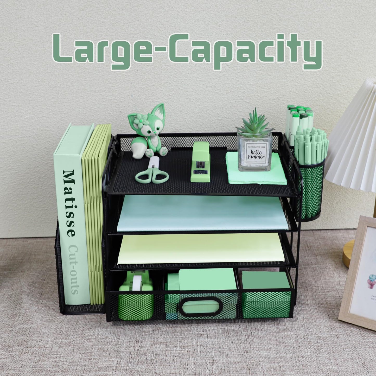 4 Tier Desk File Organiser with Extra Vertical File Sorter, Paper Letter Tray with Top Stationery Drawer Holder, A4 Paper Desktop Filing Trays, Magazine Document Holder for Home Office, Black