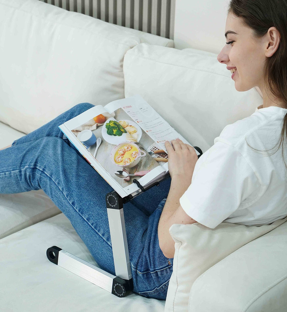 Extra Large Adjustable Book Stand for Bed and Sofa - Multifunctional Laptop Holder With Page Clips, Ergonomic Multi-Height Angles, Portable for Heavy Textbooks and Cooking