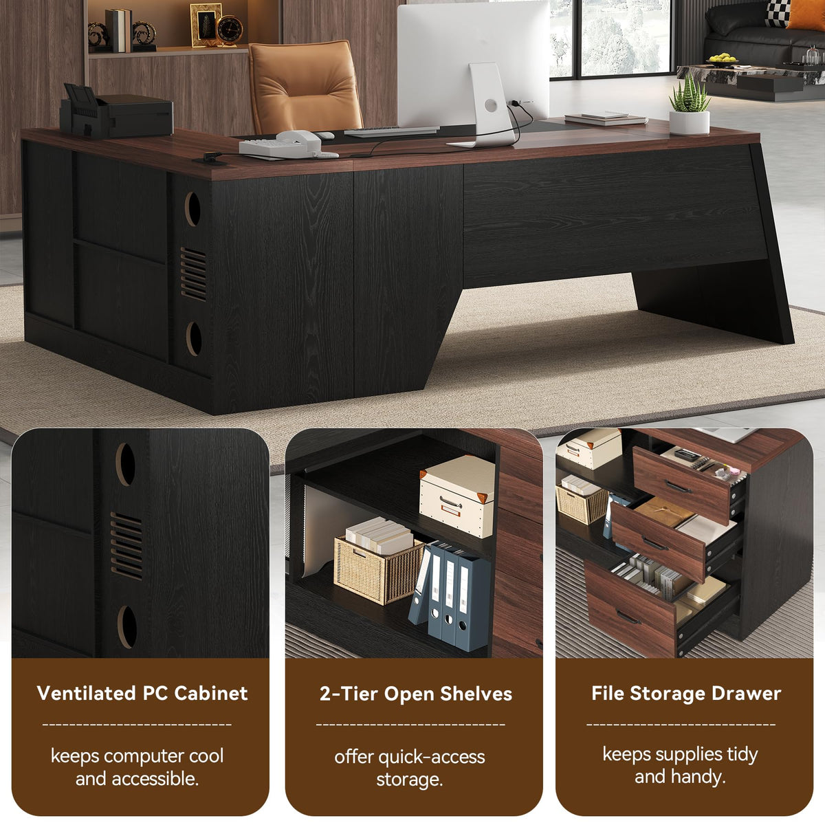 Epecoya L-Shaped Executive Desk with Drawer, 78-Inch Large Home Office Desk with Cord Hold and Power Outlet, Modern Computer Table with Lateral File Cabinet,Open Shelf and PC Stand, Walnut Brown Black