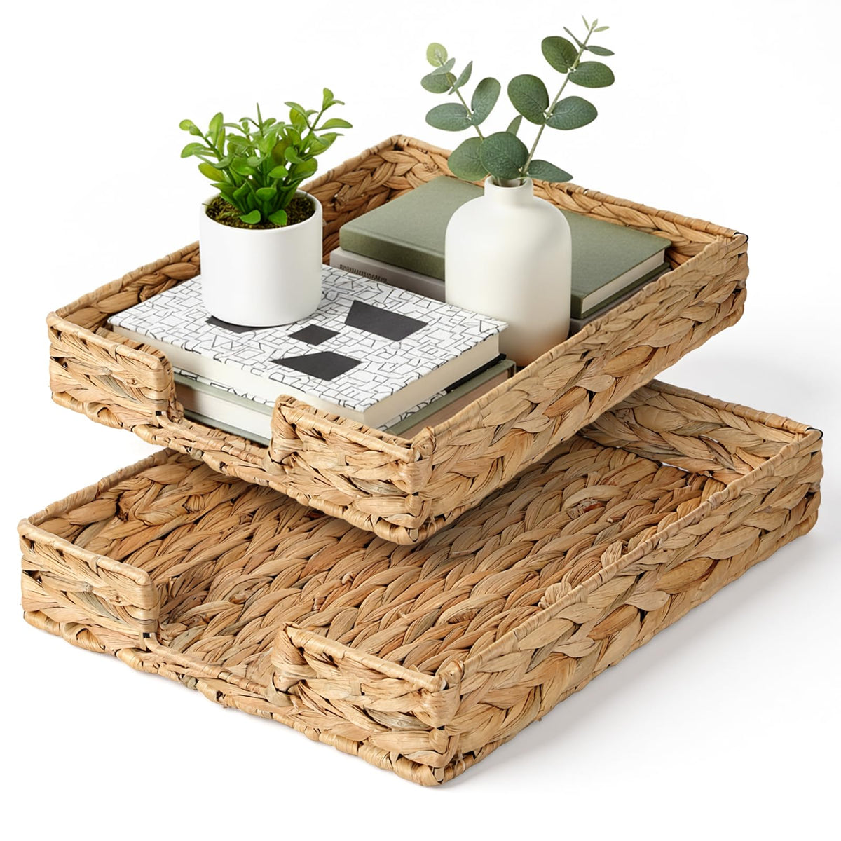 2 Pcs A4 File Tray, Water Hyacinth Desk Basket, Wicker Paper Tray File Baskets, Woven Letter Size Documents Trays, Magazine Files Storage Basket Organizer Bin for Office, Toilet, Desk