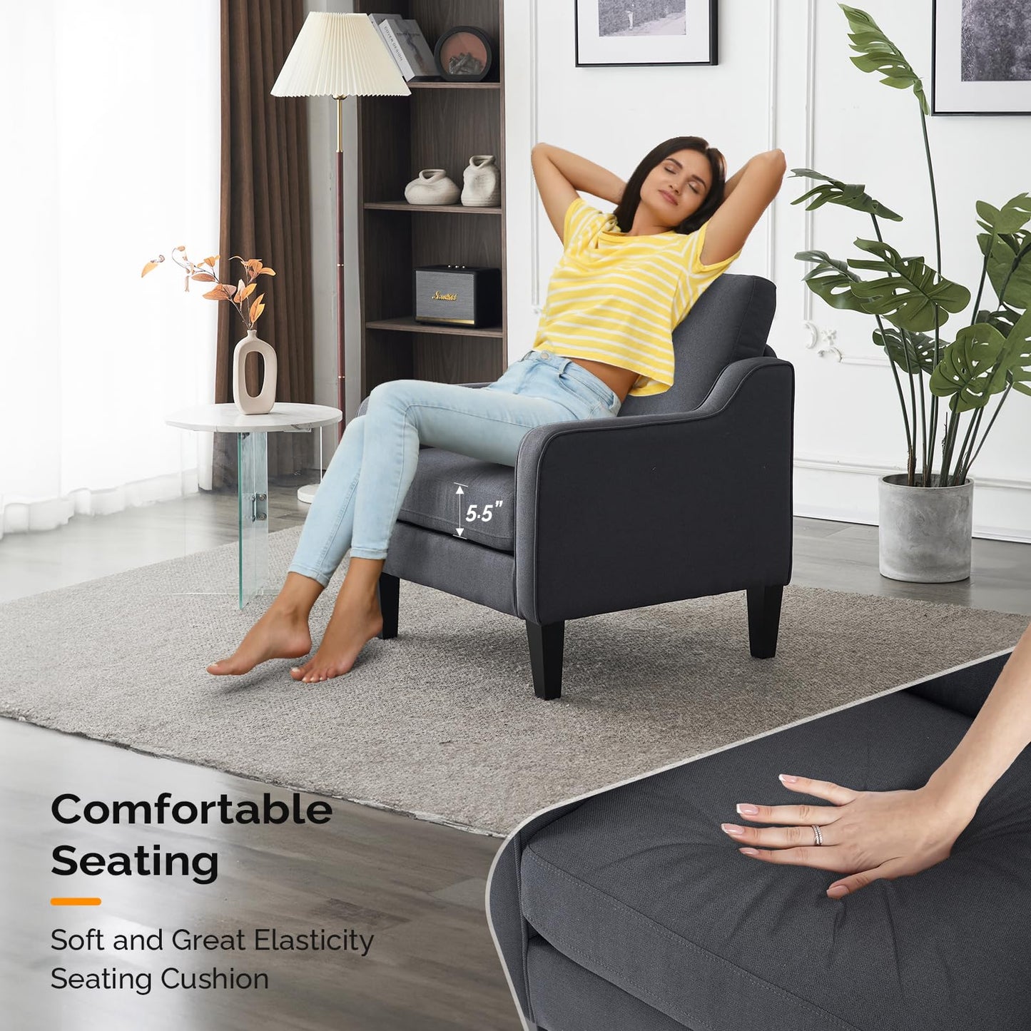 VINGLI Accent Chairs for Living Room Chairs Mid Century Modern Chair Sofa Chair Upholstered Arm Chair with Scooped Arms for Bedroom, Apartment, Office, Studio, Waiting Room, Play Room