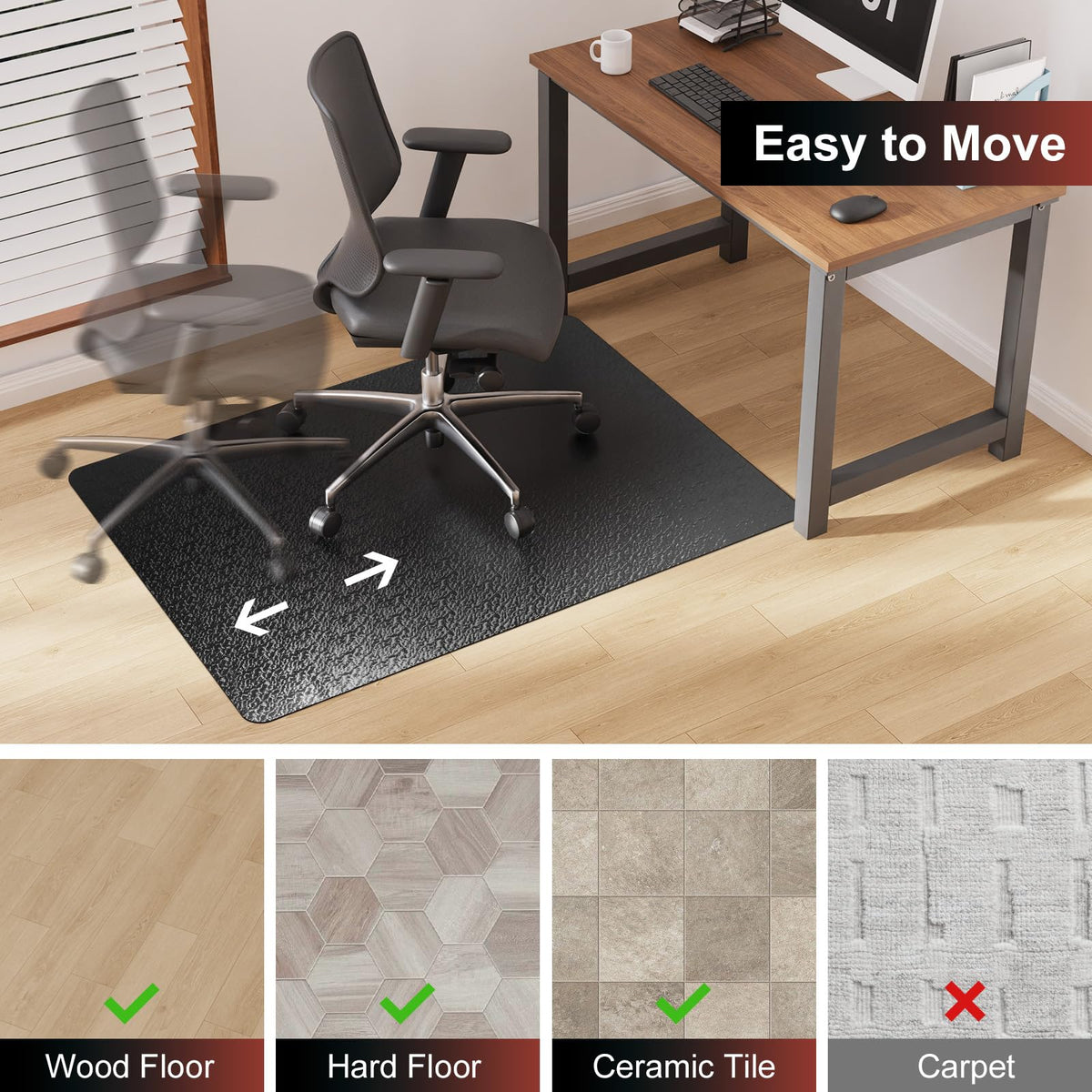 Mymeely Office Chair Mat for Hardwood Floor, 60"x75" Large Black PVC Computer Desk Chair Mat with Unique Pattern for Gaming, Anti-Slip Floor Protector for Home Office, Rolling Chair