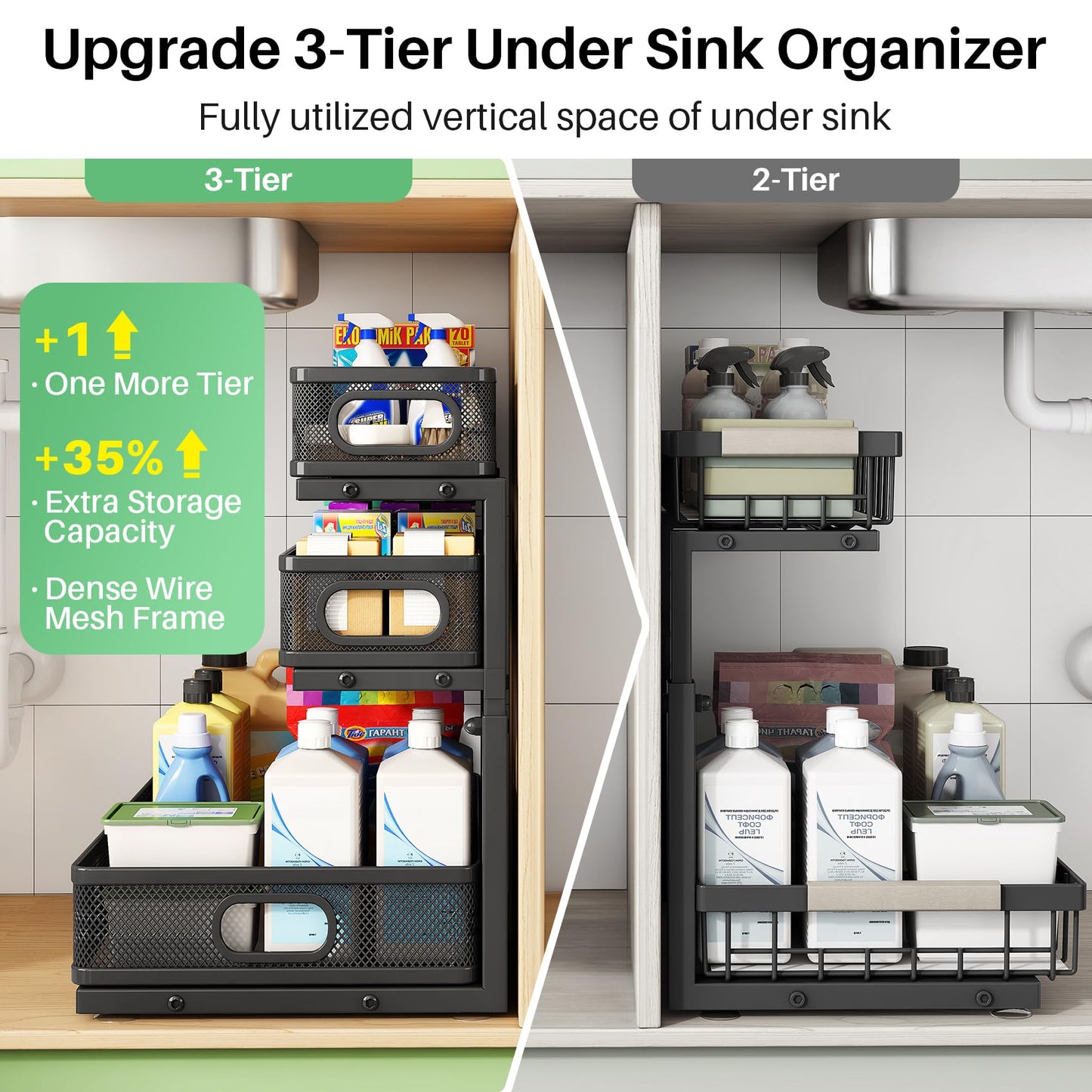 Kitstorack Under Sink Organizer, 2-Pack 3-Tier Height Adjustable Thickened Metal Pull out Cabinet Organizer Shelf, Slide out Storage Drawer Rack for Bathroom Kitchen Pantry Home Laundry Organization