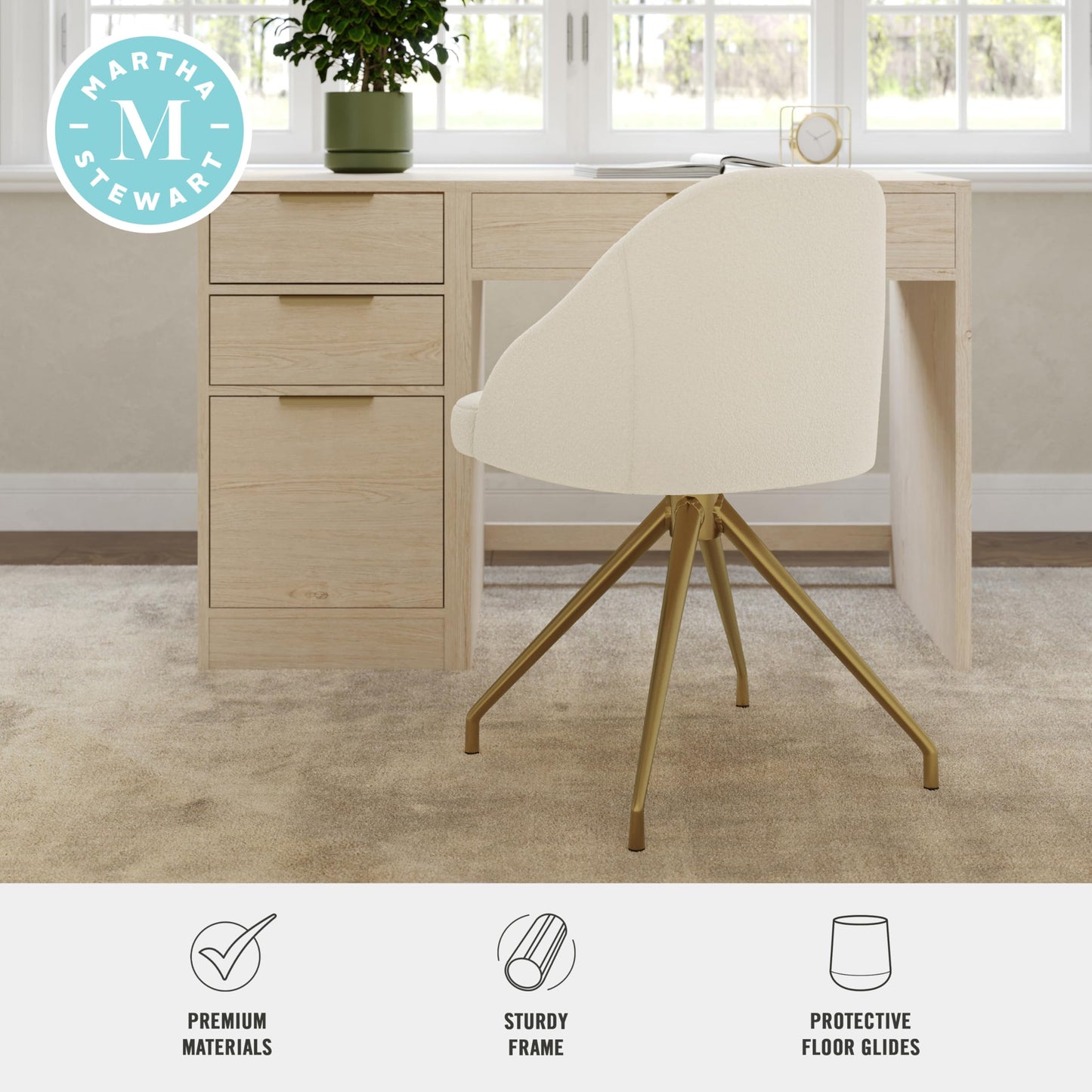 Martha Stewart Sora Stationary Swivel Task Chair with Sloped Arms for Home Office in Off White Boucle with Polished Brass Frame