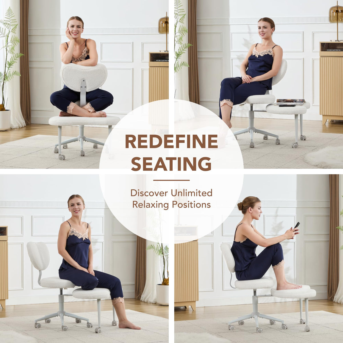 Ergonomic Cross Legged Chair with Wheels,360° Swivel Meditation Chair,ADHD Chair, Criss Cross Desk Chair with Lumbar Support and Adjustable Stool, Flexible Design for Fidgety Sitters, Ivory
