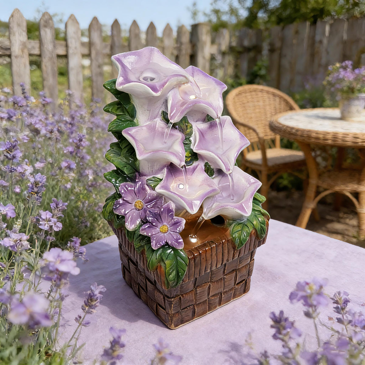 WZAPPKEW Tabletop Water Fountain Purple Water Fountains Indoor Morning Glory Themed Lavender Desk Fountain with Light for Home Heavenly Blue Zen Water Fountain for Room Relaxation Meditation(Lavender)