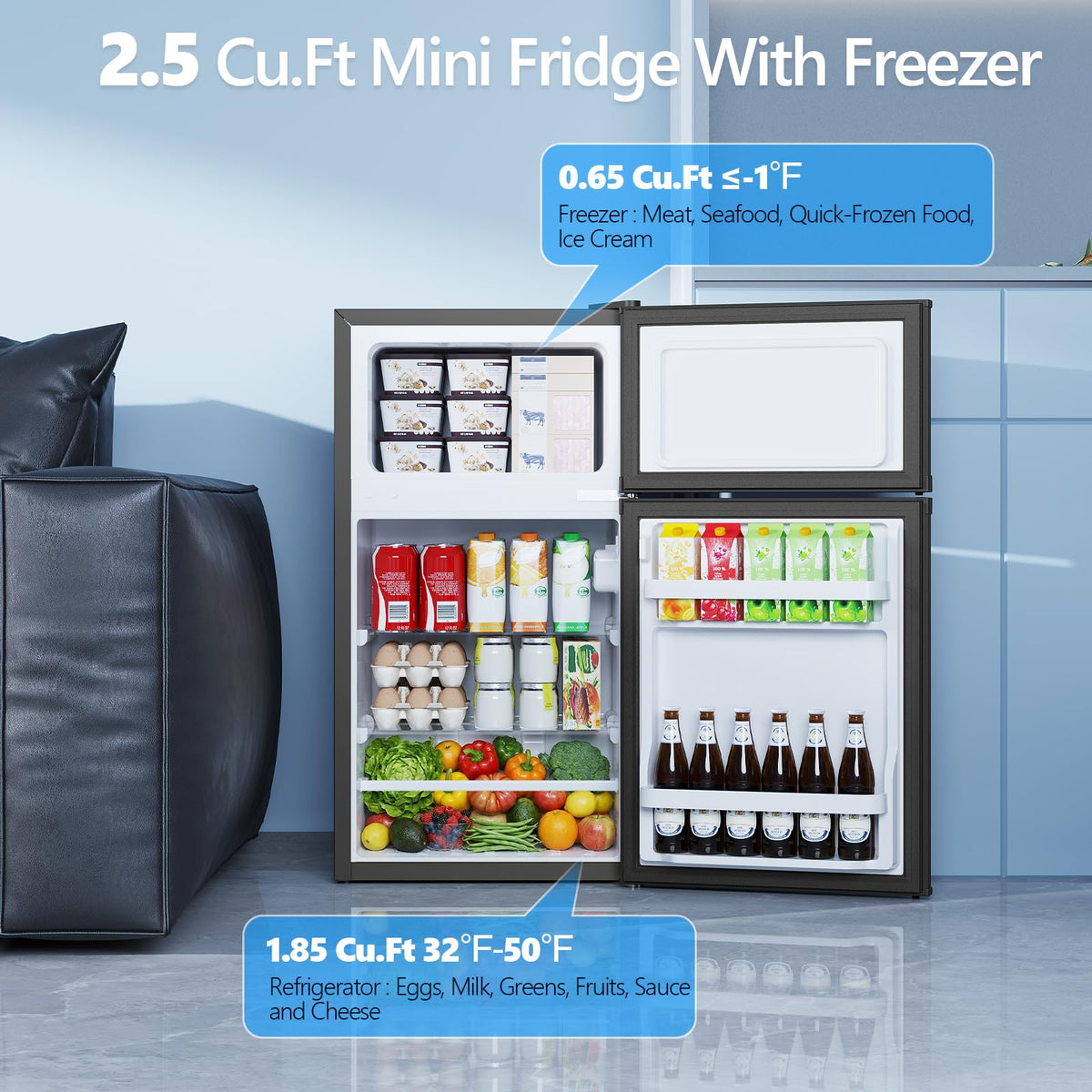 Electactic 2.5 Cu.Ft Mini Fridge with Freezer, Double-Door Compact Refrigerator, Adjustable Glass Shelves, Mechanical Thermostat & Built-in Casters, Space-Saving for Apartment/Dorm/Office, Black