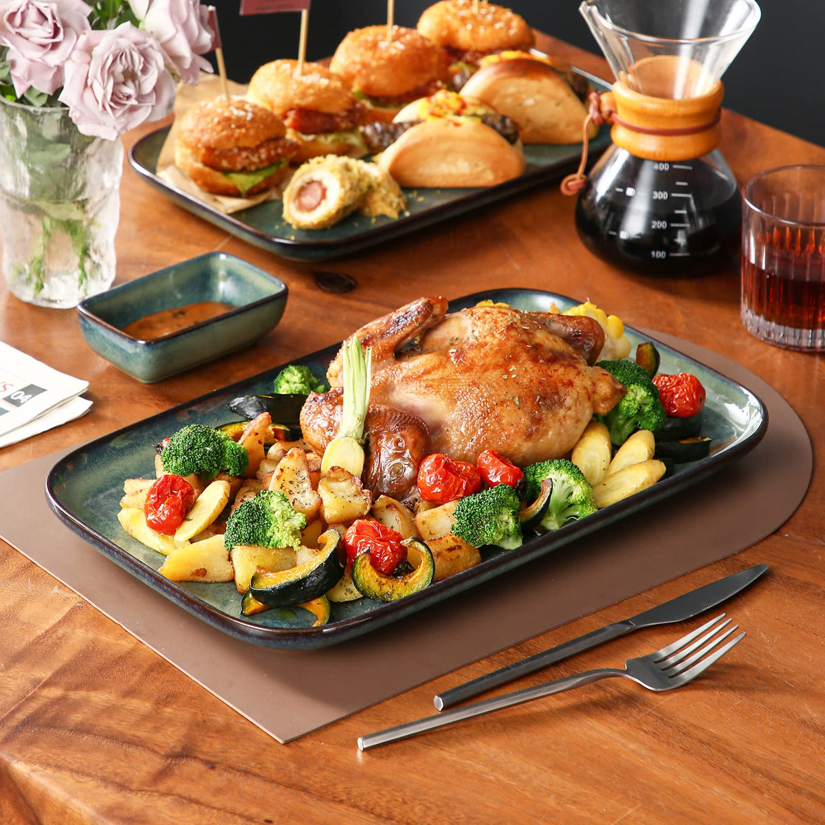 vancasso Stern Serving Platters Set of 3, 15/13/ 11 Inches Rectangular Serving Plates, Green Serving Trays for Entertaining, Party