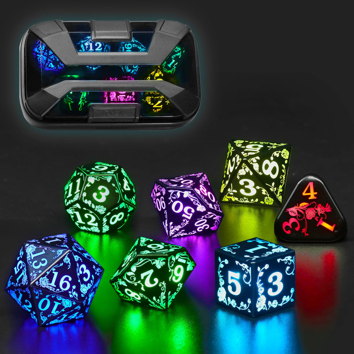 FONVGOGO Light up LED Dice Set D and D Rechargeable for Dungeons and Dragons RGB DND Dice with Charging Box 7-Color Polyhedral Role Playing Dice for DND Gifts RPG Tabletop Games (Rose RGB)