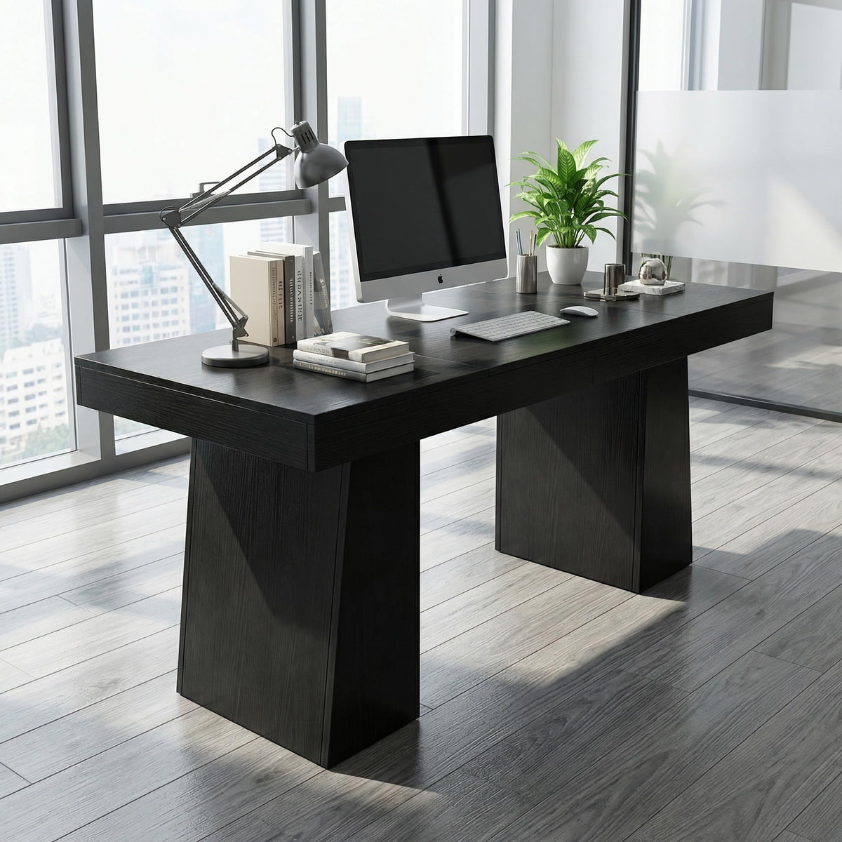 GarveeHome 55" Executive Desk, Mid-Century Modern Home Office Desks with Double Trapezoid Base, Wood Computer Desk Business Workstation Desk Conference Table, Black