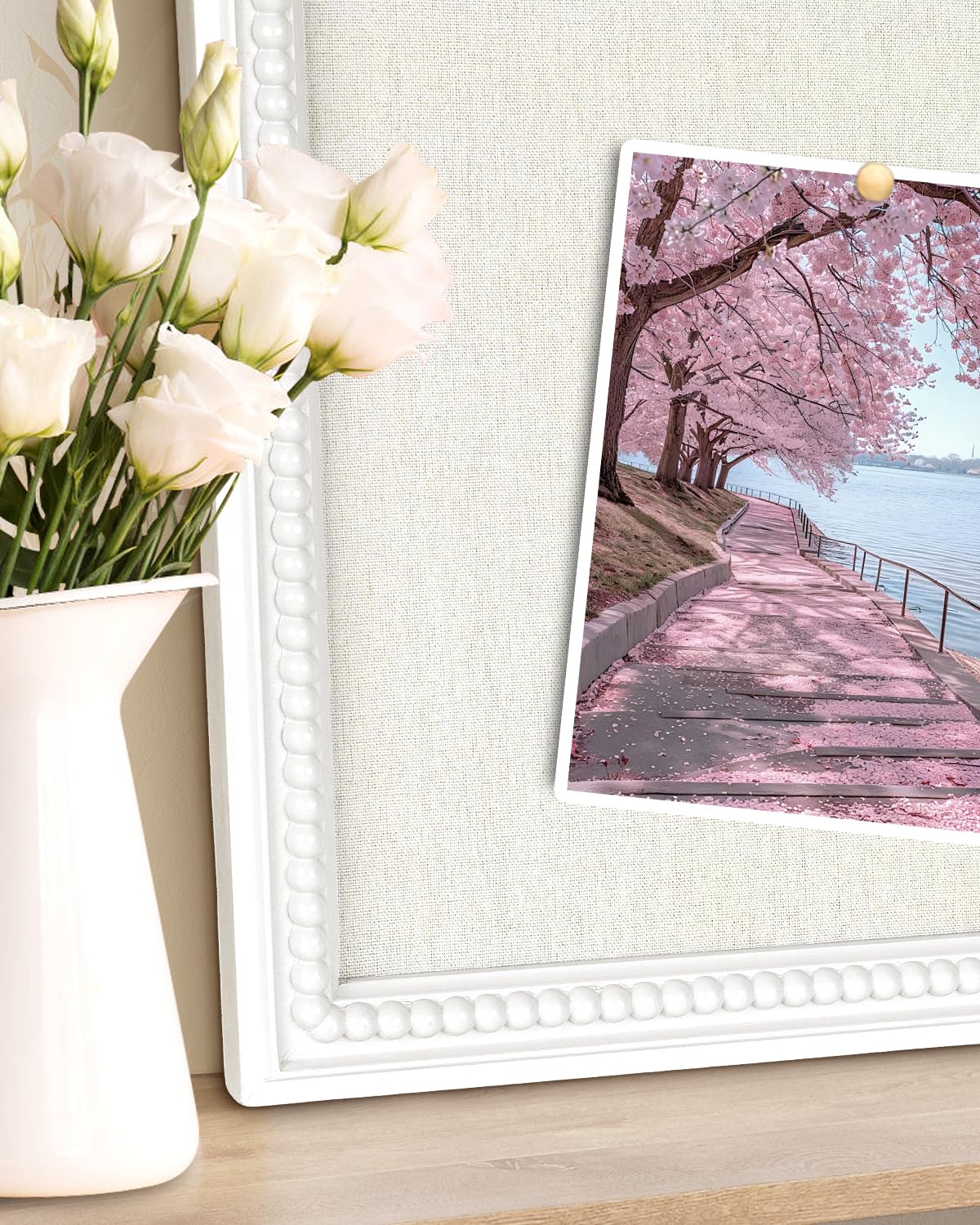 Framed Linen Bulletin Board - 18 x 24 inches Fabric Organizer Pinboard for Wall, Picture Display Vision Board, Cutecore Room Decor - Natural Linen with White Frame
