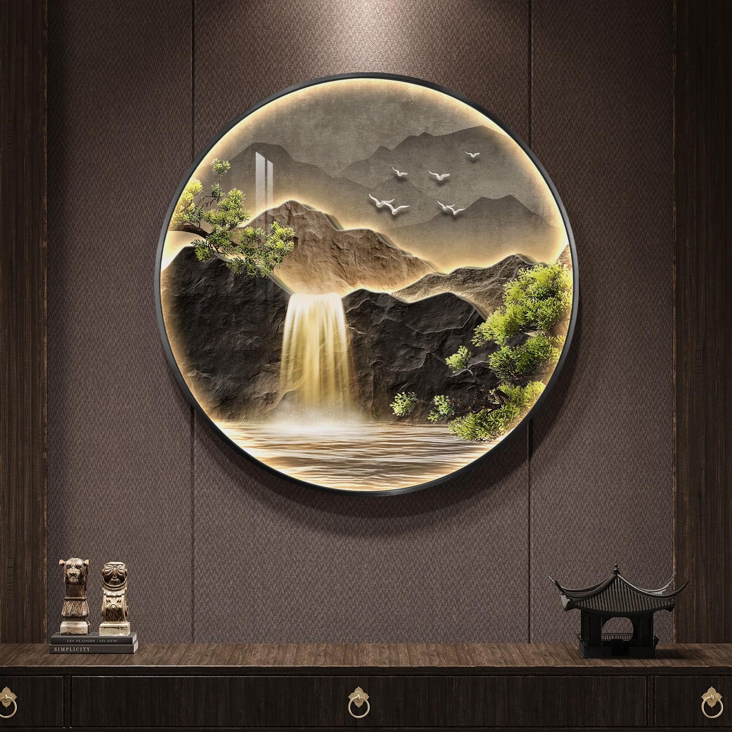 Large LED Mountain Waterfall Wall Art for Living Room, Framed Round Modern Lighted Landscape Picture Artwork for Walls, Backlit Nature Wall Decor for Hallway, Dining Room, Entryway, Office, 30x30 Inch