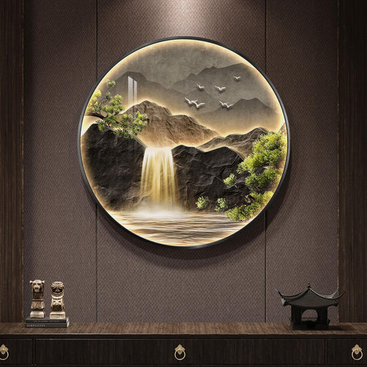 Large LED Mountain Waterfall Wall Art for Living Room, Framed Round Modern Lighted Landscape Picture Artwork for Walls, Backlit Nature Wall Decor for Hallway, Dining Room, Entryway, Office, 30x30 Inch