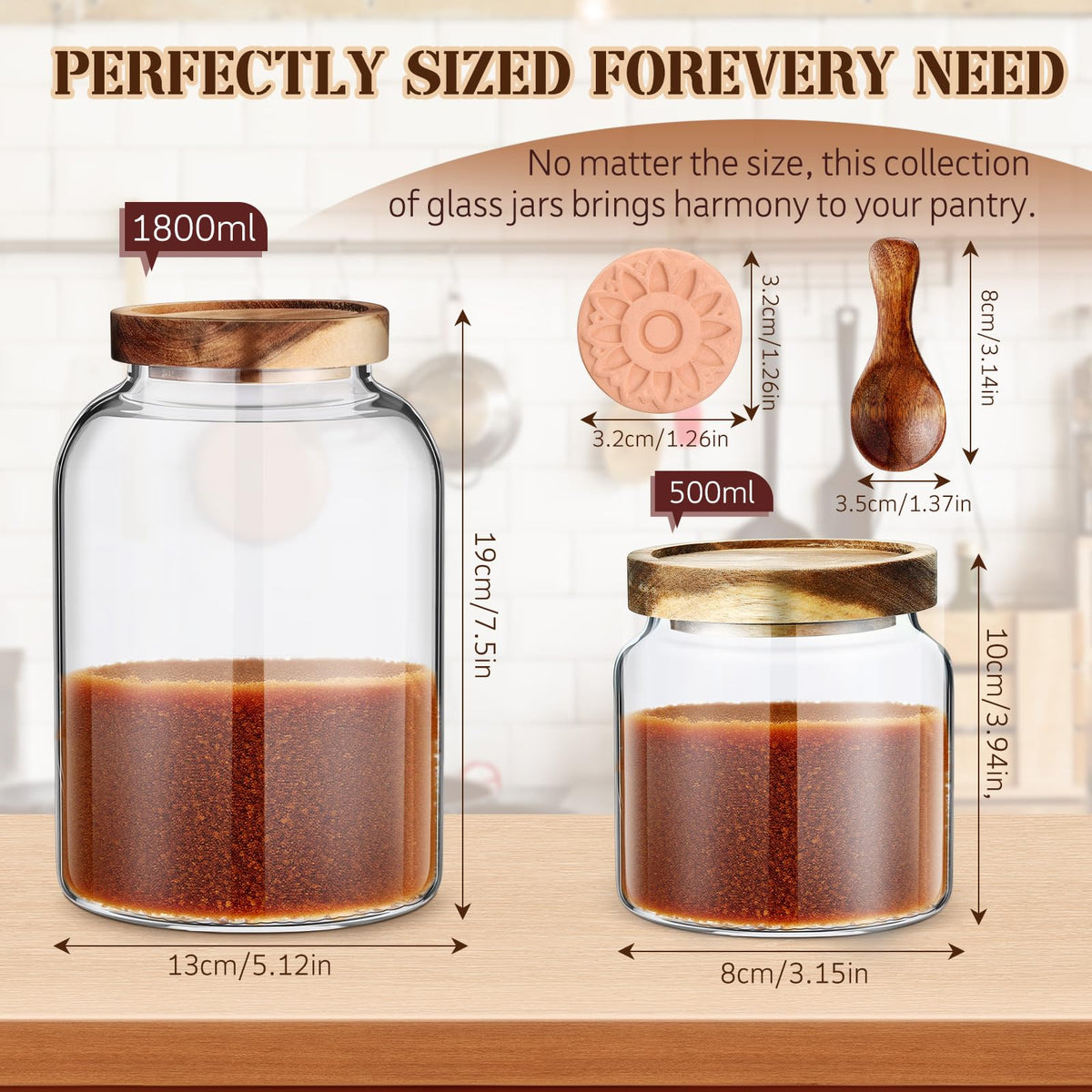 Maxdot 2 Pack Brown Sugar Keeper Container with Spoon, 500 ml / 0.53 Qt Glass Brown Sugar Storage Container with Wooden Spoon and Lid, Clear Glass Storage Jar for Baking, Salt and Snacks Saver