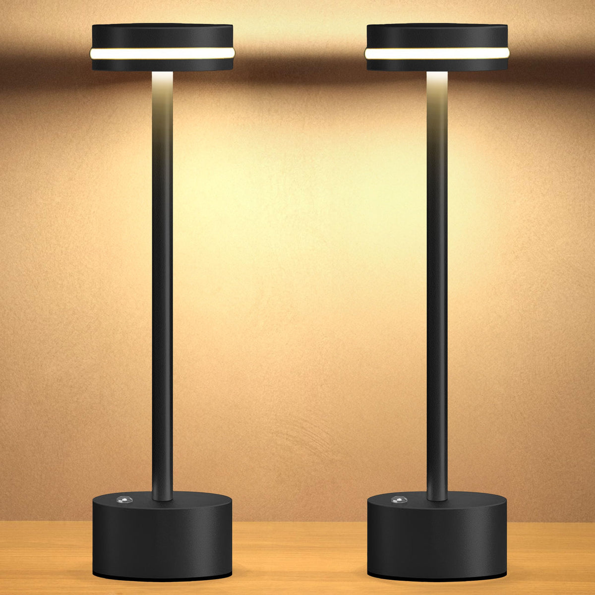 ECOESPTI Cordless Table Lamp, Portable Rechargeable Bedside Lamp, Touch Stepless Dimmable Desk Lamp, for Home Bedroom Hotel Restaurant Bar Outdoor, 2 Set, Black