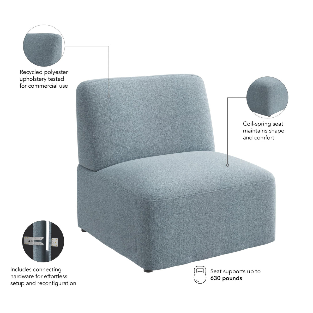 Bush Business Furniture Modular Armless Lounge Chair, Guest Seating for Lobby or Reception Area, Assemble Collection, Mist Fabric