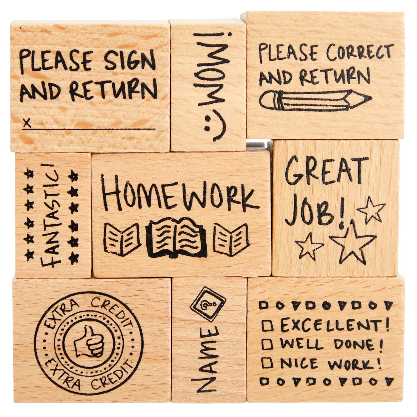 Blue Panda 9 Piece Set of Wooden Rubber Teacher Stamps - Classroom Supplies for Grading Homework and Teacher Supplies (Assorted Sizes Rubber Stamps)
