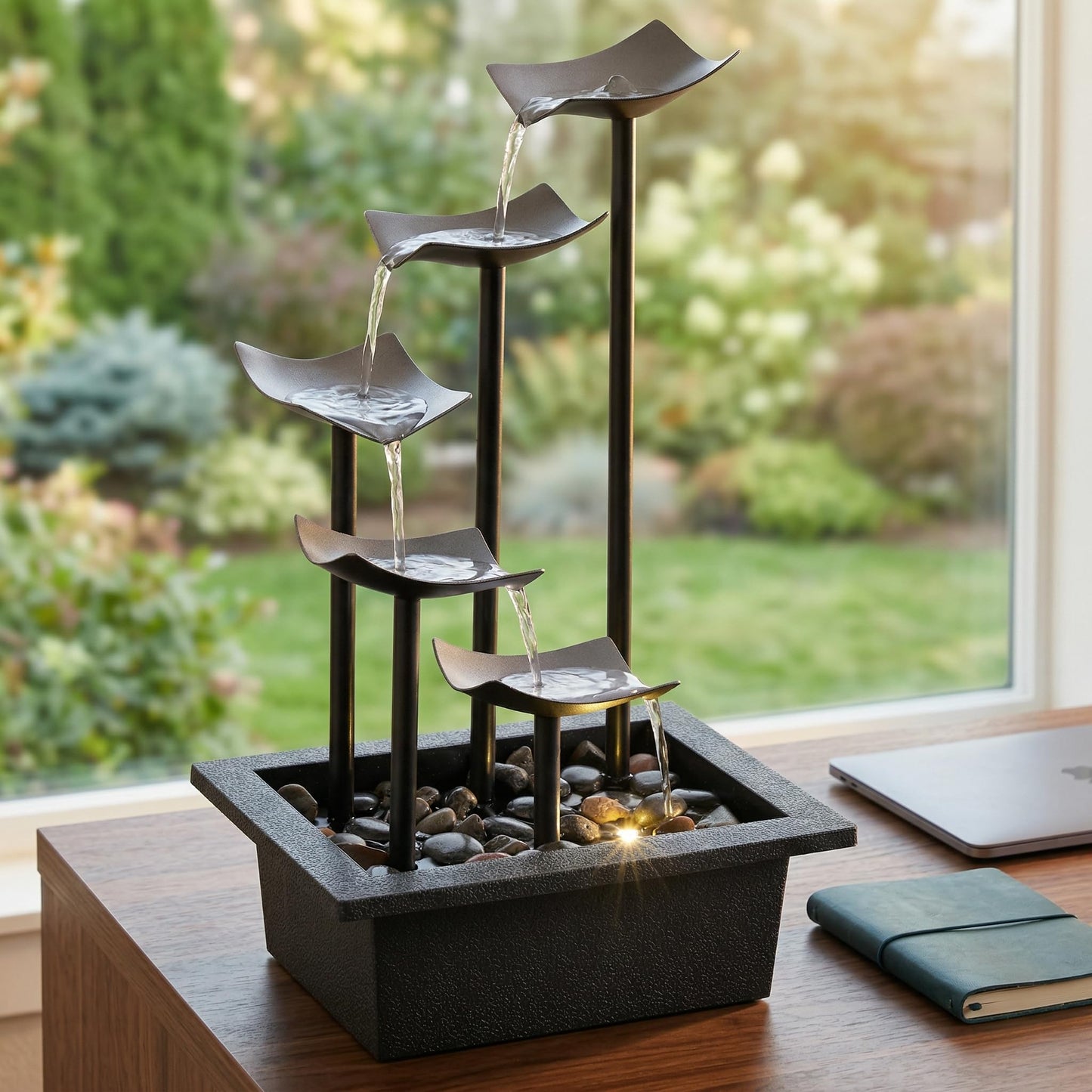 Zeitklang 14" Indoor Tabletop Fountain, 5-Tier Modern Waterfall with LED Light and Natural River Rocks, Home Bedroom and Office Relaxation Decor, Zen Desktop Water Feature for Home & Office Gift