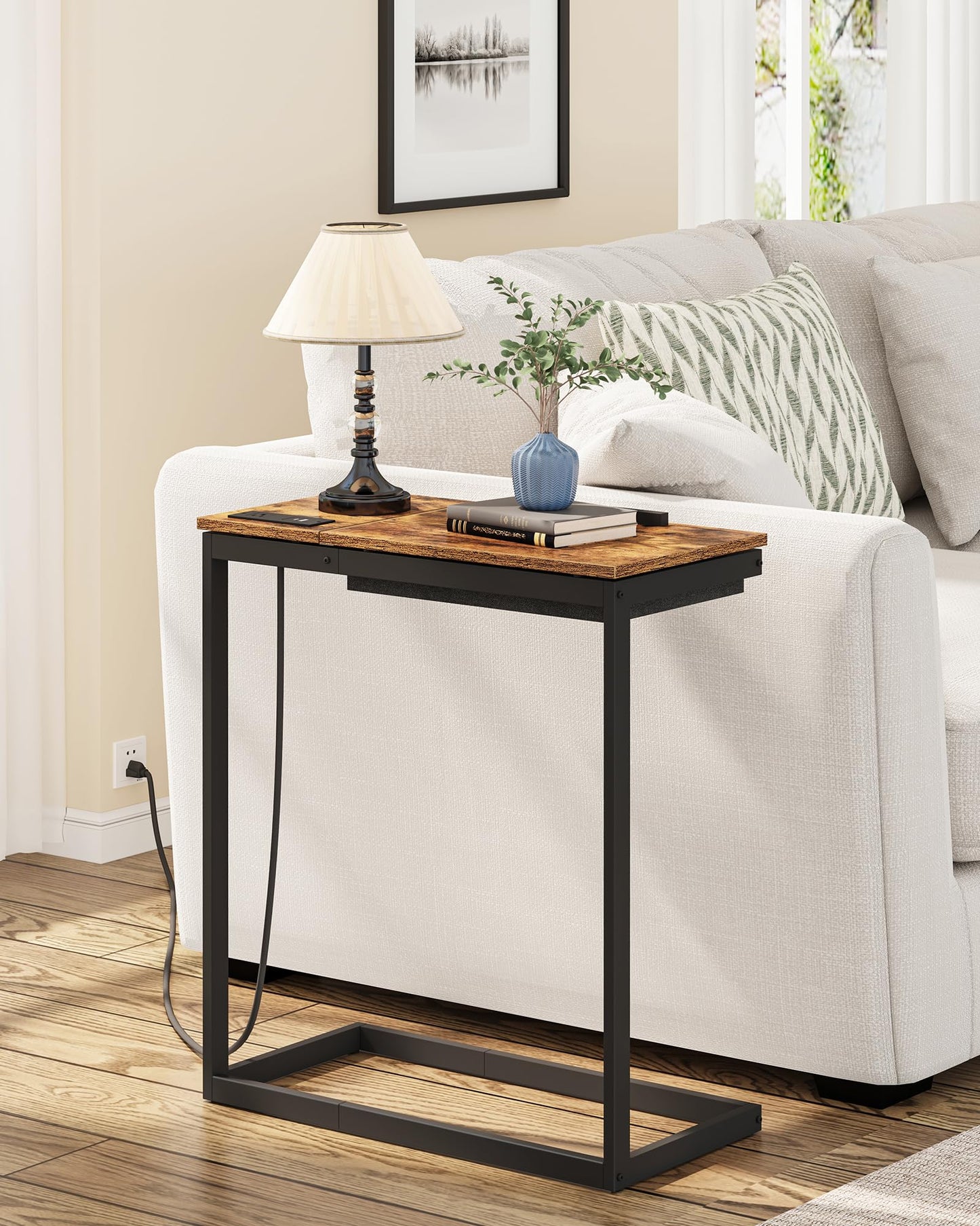 TUTOTAK C Shaped End Table with Charging Station, Tilting Laptop Stand Side Table, Under Couch Table for Living Room Bedroom, Brown TB01BB090