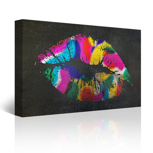 llribbons Colorful Lips Canvas Wall Art Hand Painted Fashion Sexy Lip Pictures Makeup Room Wall Decor 3D Textured Modern Glam Poster for Living Room Bedroom Bathroom Office Home Decor Framed 16" x 24"