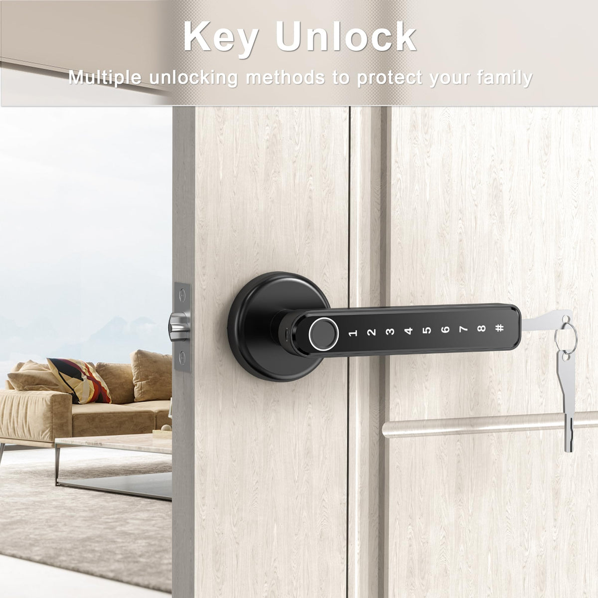 IRONZON Fingerprint Door Handle for Bedrooms - 191F 3-in-1 Fingerprint Door Lock with Keypad, Fingerprint Door Knob for Bedroom with Key, Keyless Entry Door Handle - Black
