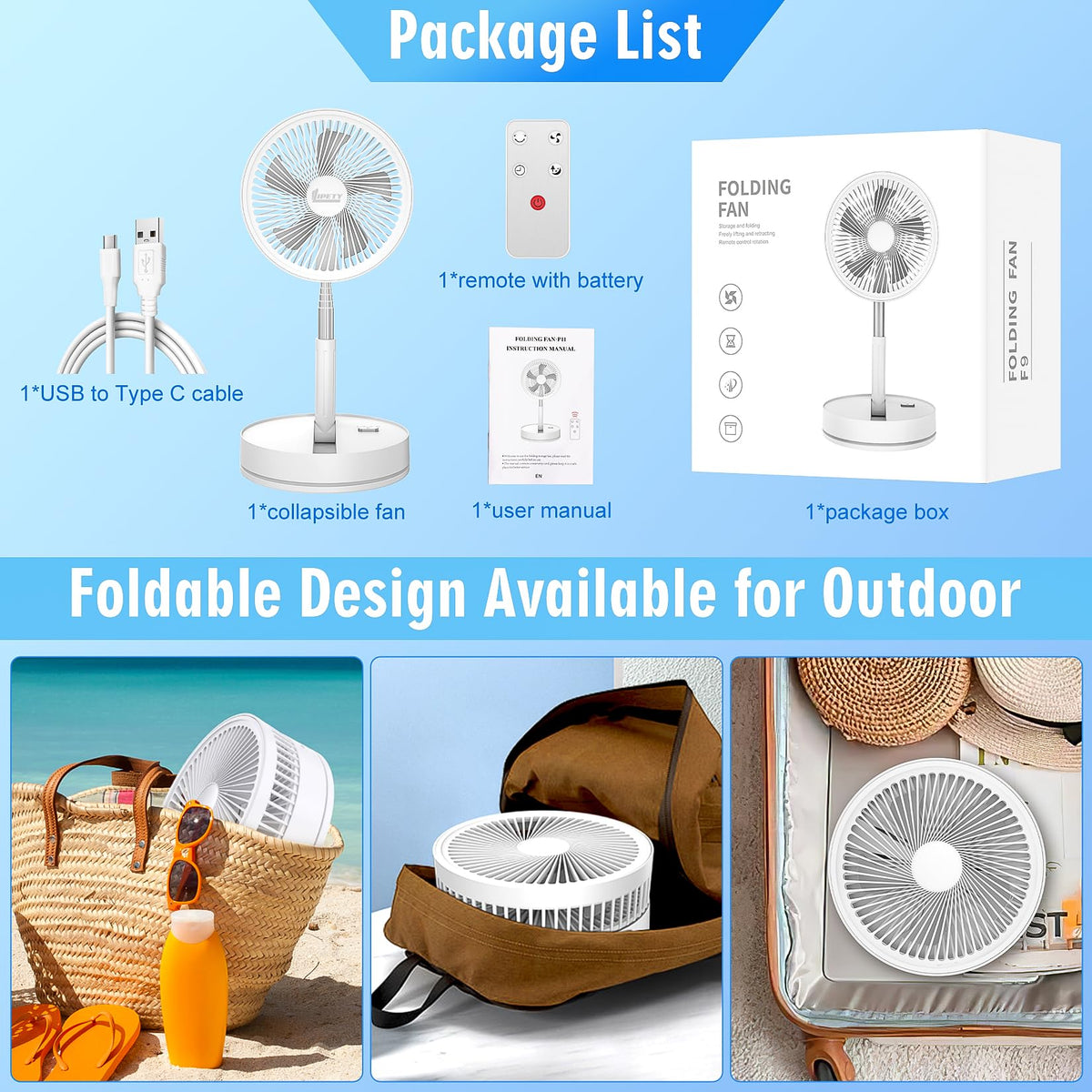 LIPETY Portable Foldable Rechargeable Oscillating Fan Battery Operated Table Desk Fan Folding Standing Pedestal Fans for Bedroom Rome Office Camping Travel (white, 8.6 inch)