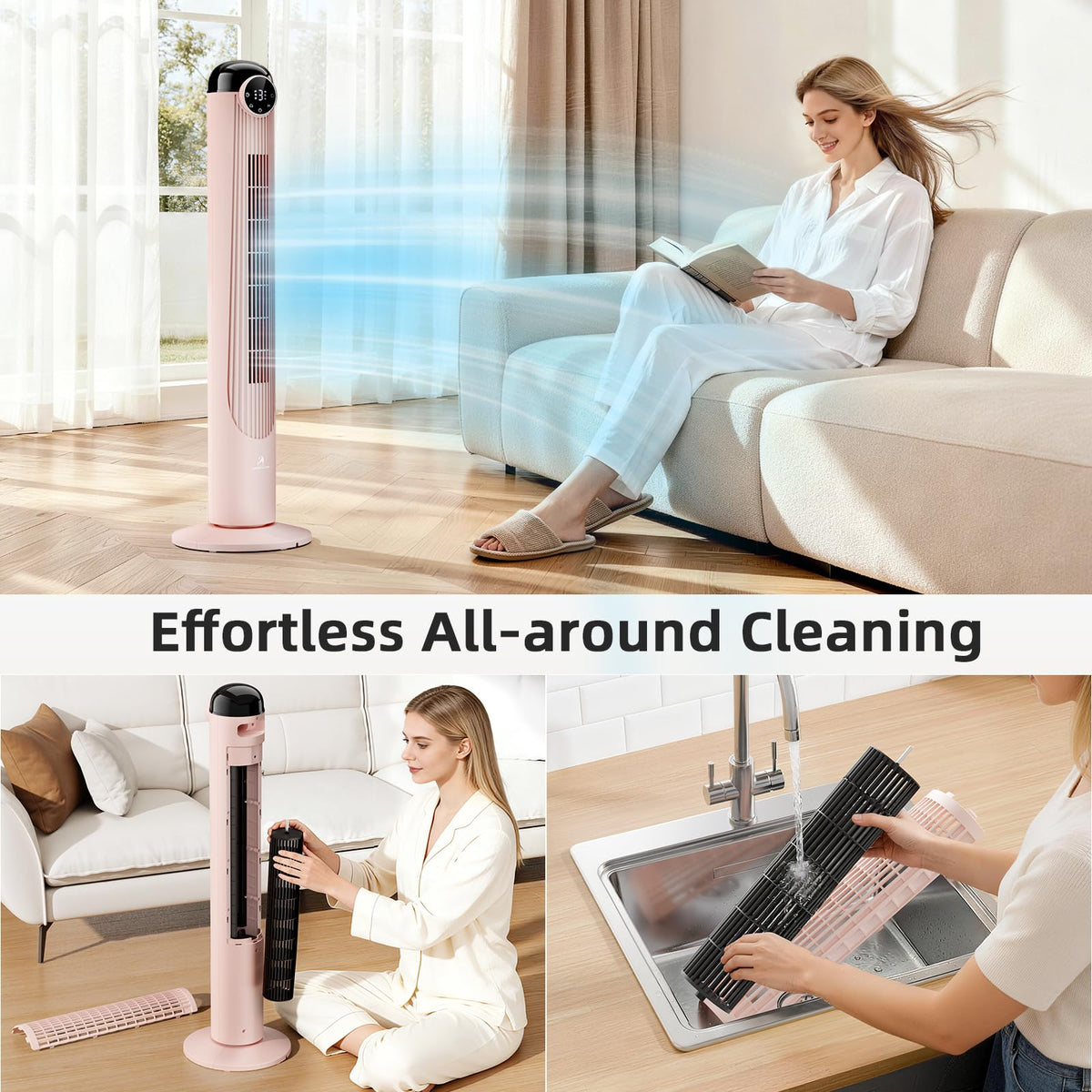 Antarctic Star T42 Tower Fan-42 Inch, Bladeless Oscillating Fan with Remote, 6 Speeds & 4 Modes, LED Display, 9H Timer, Quiet Floor Standing Fan for Bedroom Living Room Office, Pink
