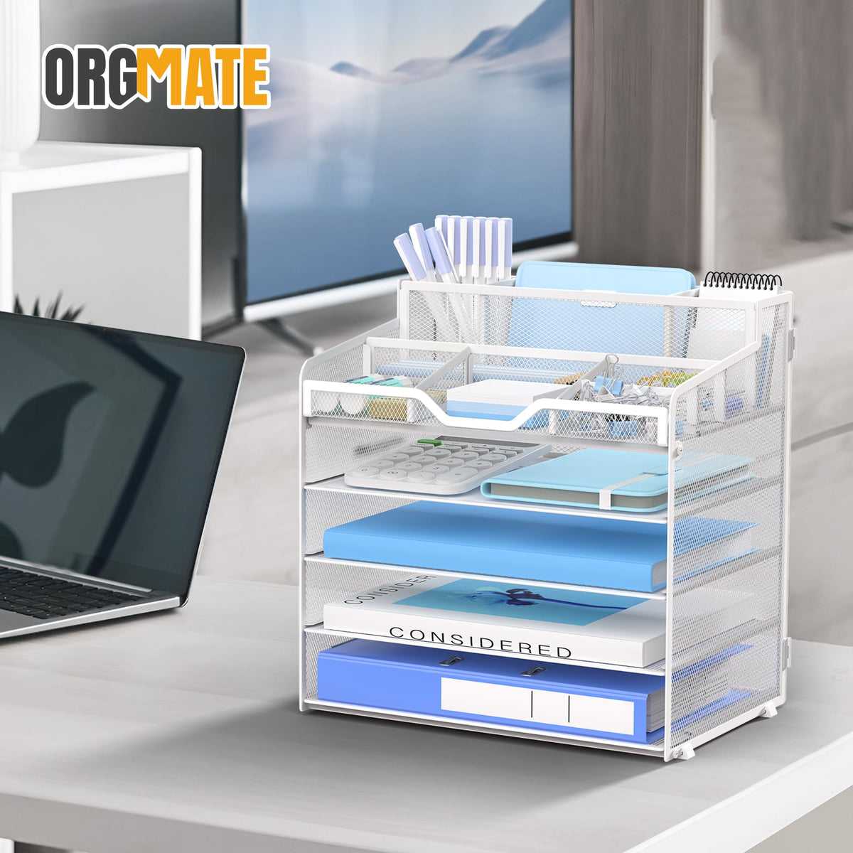 OrgMate 5 Tier Mesh Desk Organizer,Multi Functional Letter Paper Tray with 3 Pen Holders and 5 Adjustable Storage Compartments for Office Supplies Files and Mail Space Saving Desktop Organizer-White