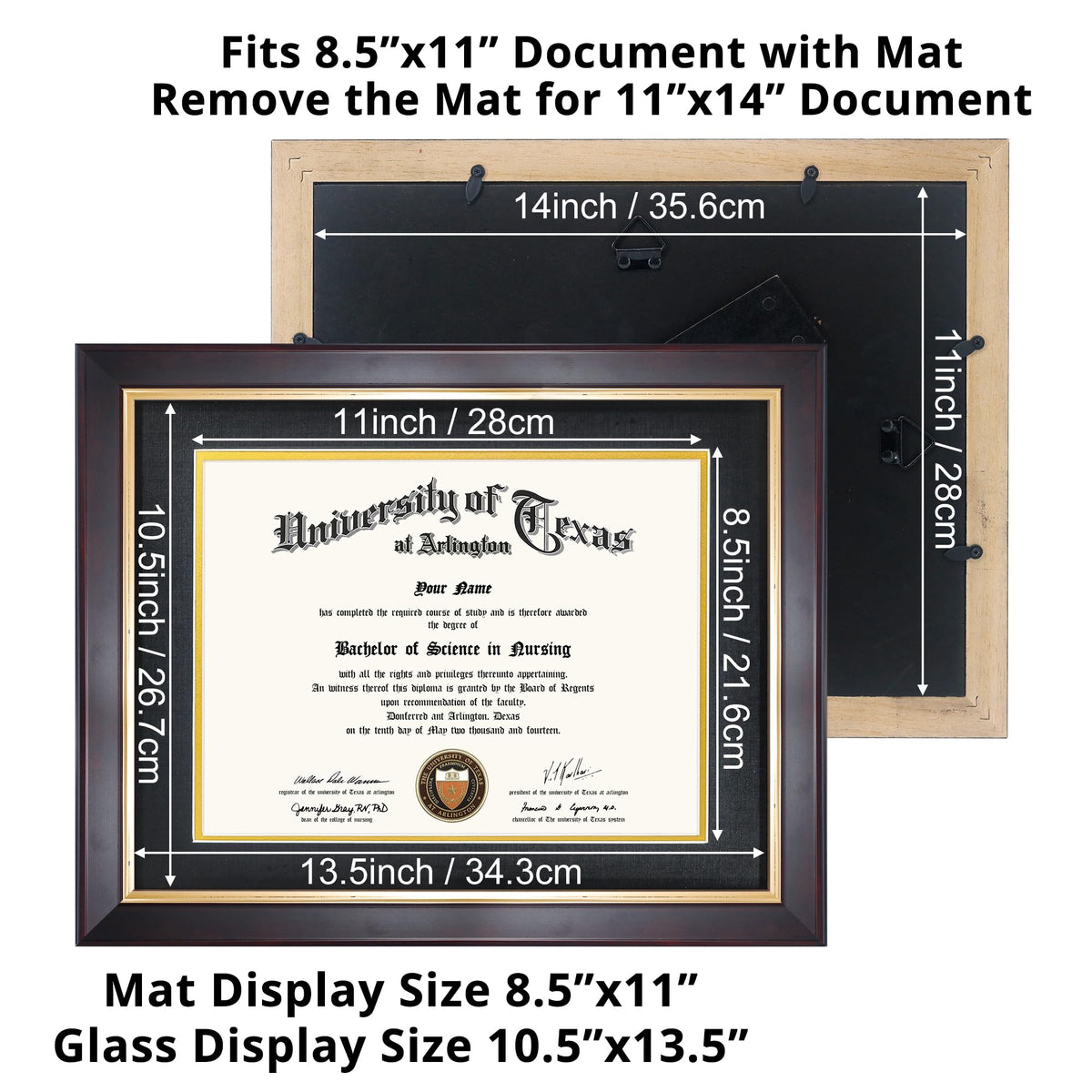 GMFrames 8.5x11 Wood Diploma Frame with Black Mat or Display 11x14 Certificates without Mat,Tempered Glass,Deep Brown Finish with Gold Trim
